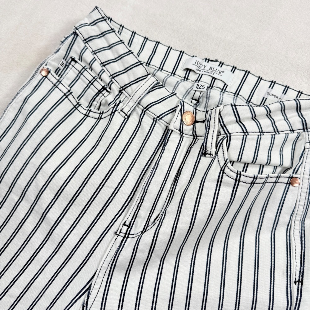 Judy Blue Super Flare Striped Jeans White Navy‎ Blue Raw Hem JB88231 Womens 1/25
